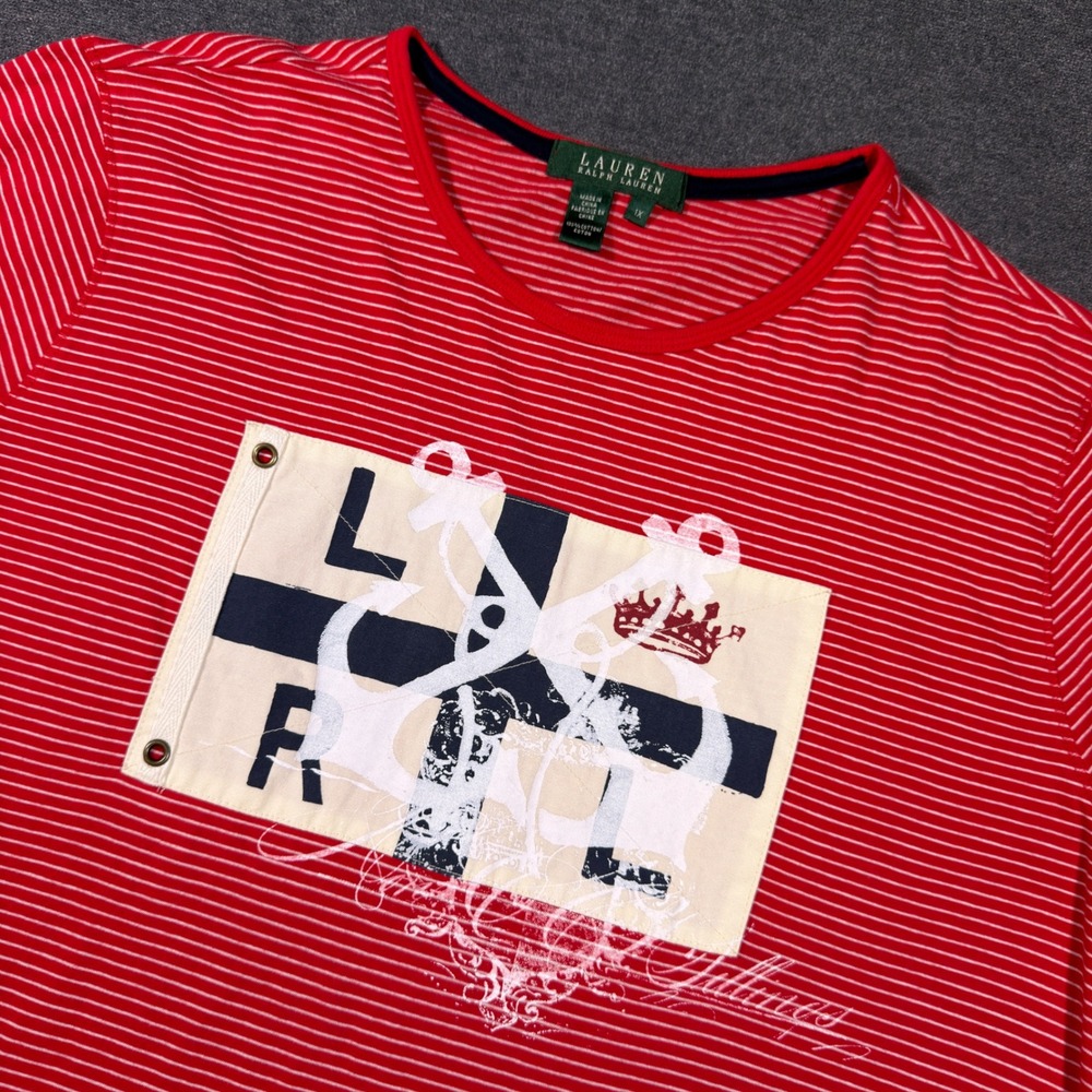 Lauren Ralph Lauren Shirt Women 1X Red Nautical Striped Anchor Graphic Tee